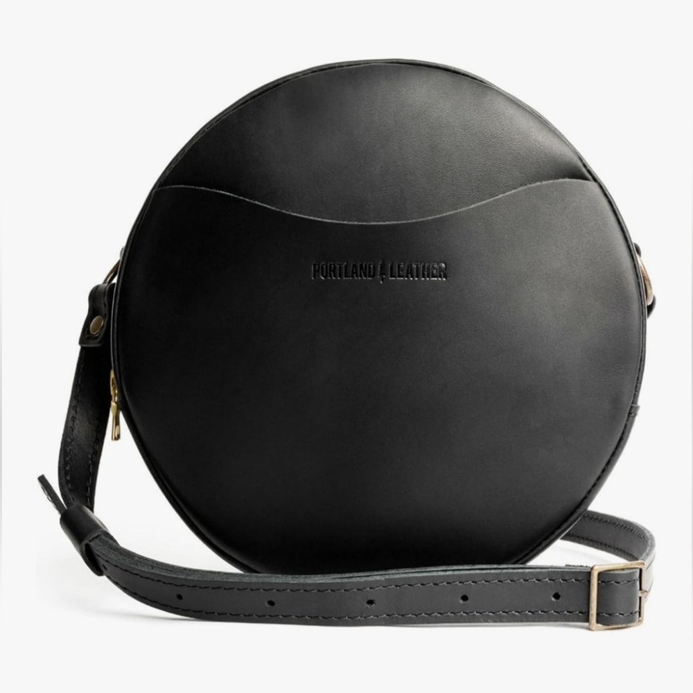 Portland Leather Black Round Crossbody Satchel (LARGE)